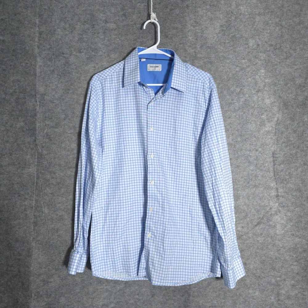 Duchamp London Slim Fit Dress Shirt Men 16.5 42 Blue White Check Cotton LongSlee